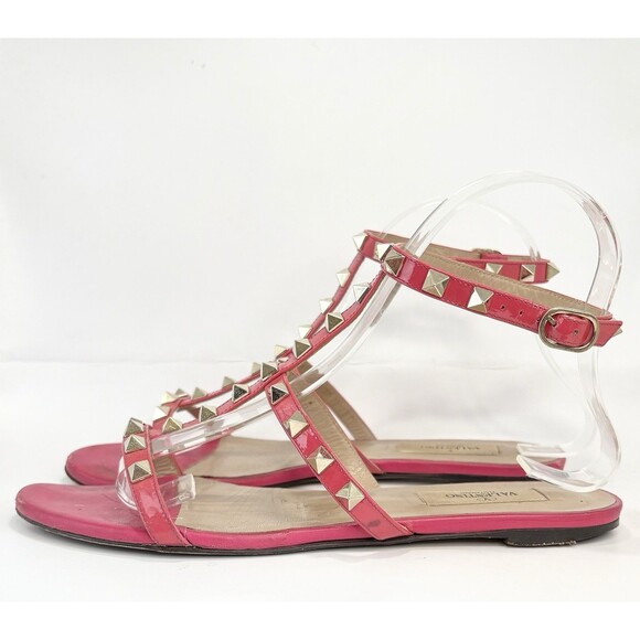 Valentino Garavani Rockstud Patent Leather Sandals Hot Pink Gold Stud Sz EU 37 7 - Picture 2 of 12